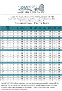 Prayer Timetable - Feb 2016