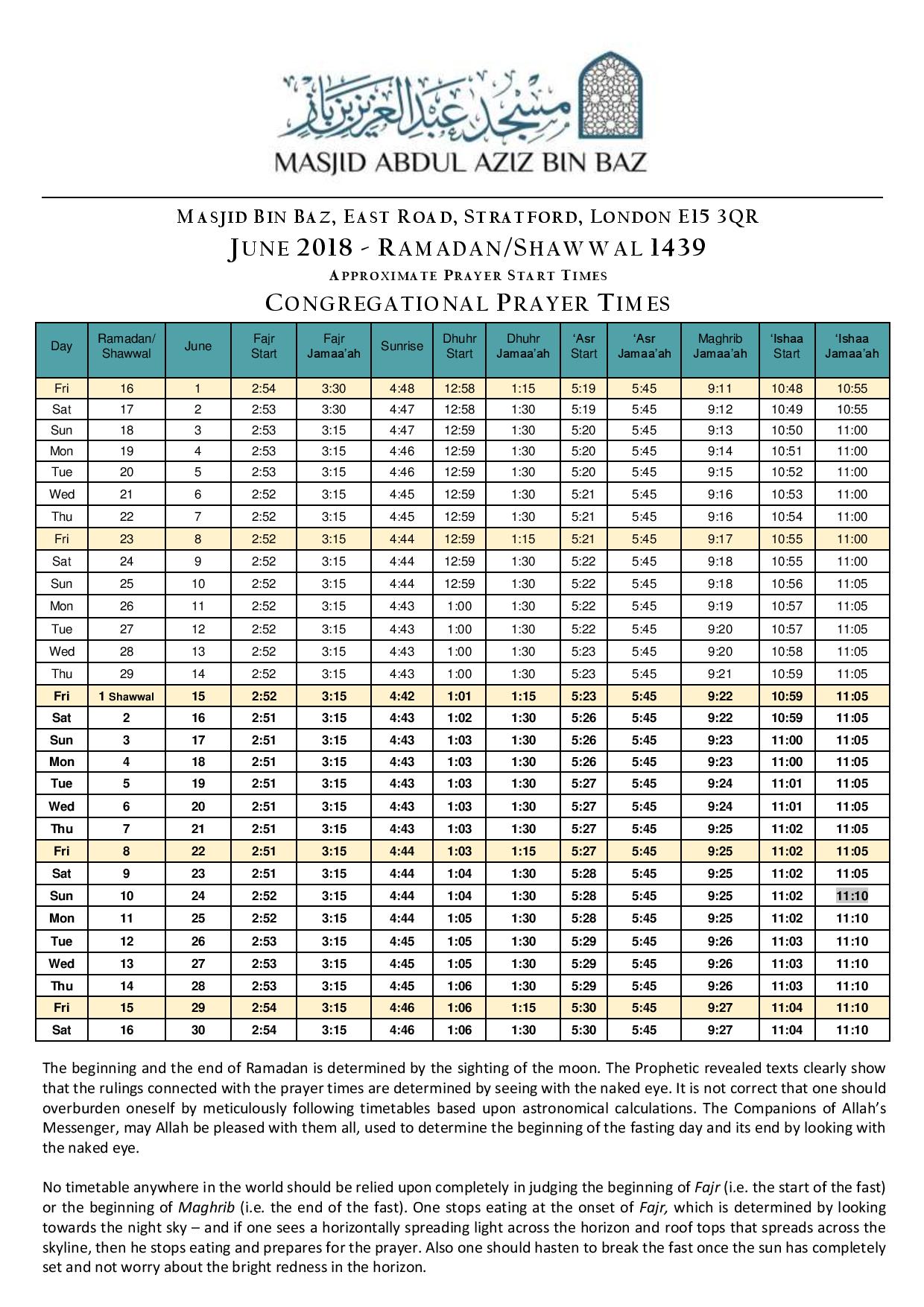 June 2018 Prayer Timetable | Masjid Abdul Aziz Bin Baz