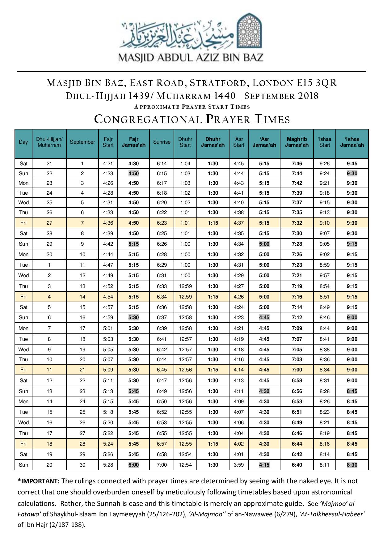 September 2018 – Dhul Hijjah 1439/ Muharram 1440 Prayer Timetable ...